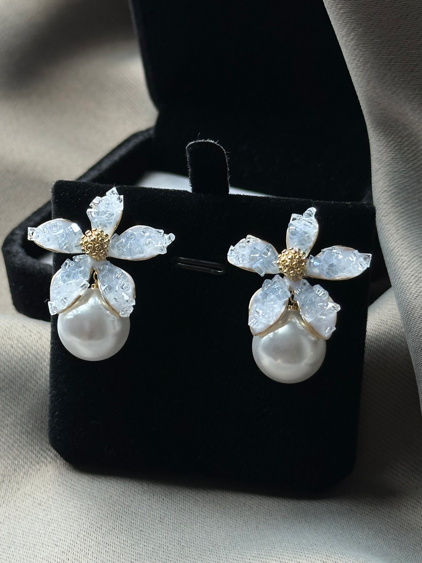 Crystal Flower Pearl Drop Earrings - ELCY ISLAND