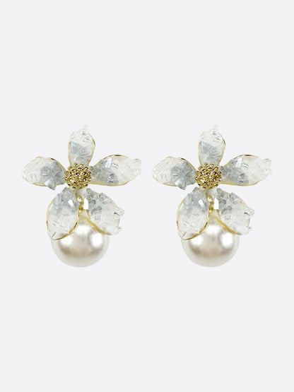 Crystal Flower Pearl Drop Earrings - ELCY ISLAND