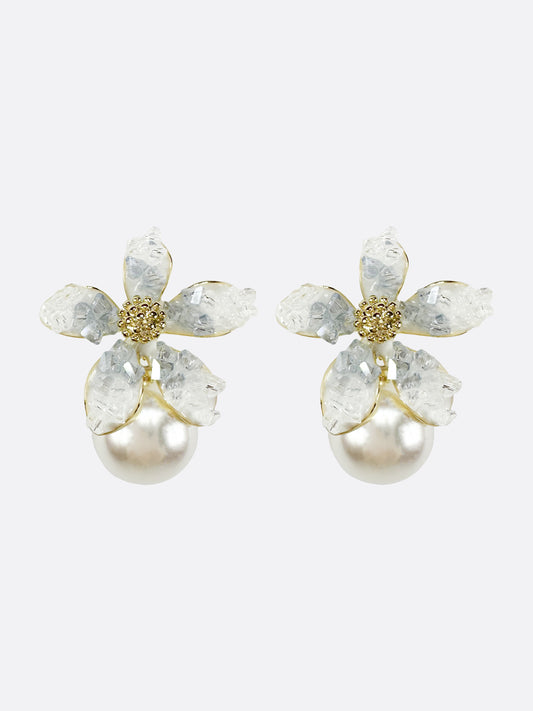 Crystal Flower Pearl Drop Earrings - ELCY ISLAND